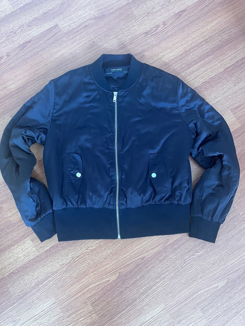 Zara Basic Collection Black Satin Bomber Jacket Women L